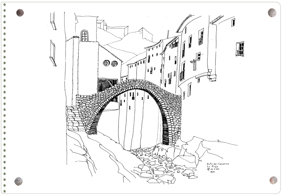 Dibujo de Ernesto Reiner con el puente sobre el barranco en Soto en Cameros