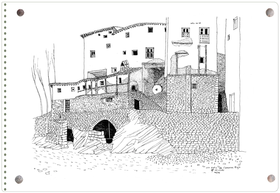 Dibujo de Ernesto Reiner representando el molino y el pozo del río Dibujo de Ernesto Reiner