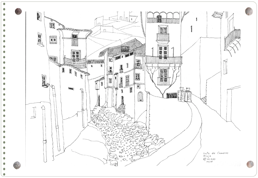 Dibujo de Ernesto Reiner casas junto al barranco en Soto en Cameros