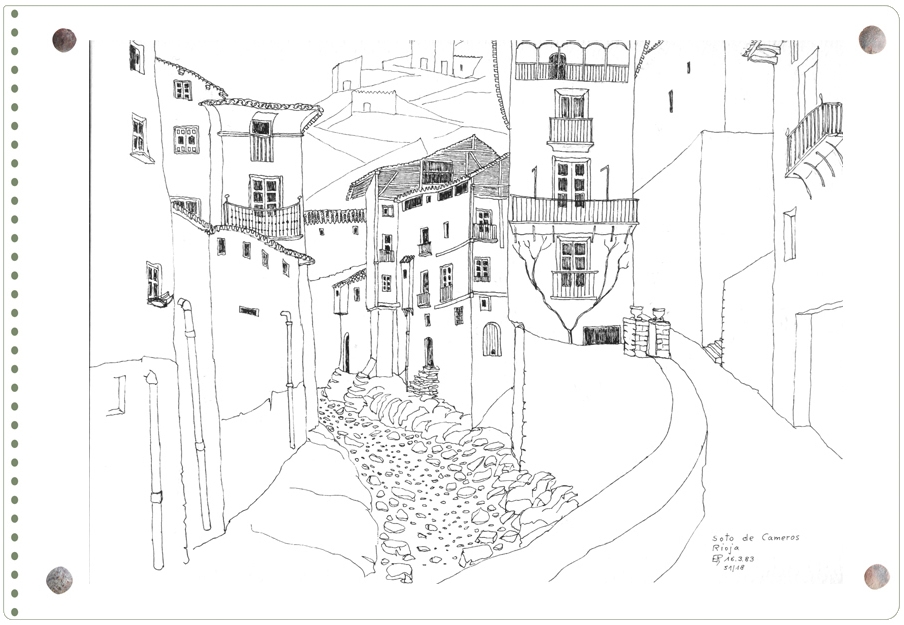 Dibujo de Ernesto Reiner: barranco y casas