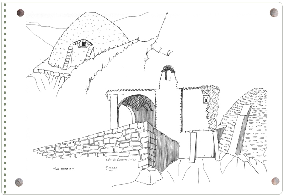 Dibujo de Ernesto Reiner: nevera y ermita de El Campo