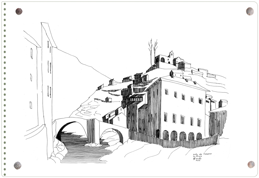 Dibujo de Ernesto Reiner: vista de Soto desde el río